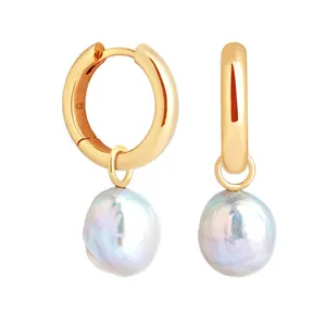 Gemnel luxury designer 925 silver 18K gold boho tranquility baroque pearl charm hoops earrings