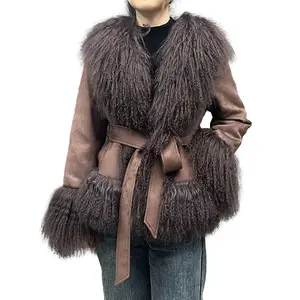 New Arrival Short Suede Leather Jacket Luxury Mongolian Fur Collar Cuffs Women Fur Coat