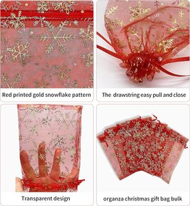 Sacs cadeaux en organza de Noël 4x6 pouces, flocons de neige rouges, petits sacs en maille avec cordon de serrage pour les fêtes de Noël, les bonbons et les friandises - Product Image 6