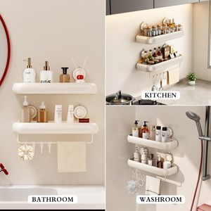 Étagère de rangement pour salle de bain, blanc laiteux, pour lavabo, murale, sans perçage, organiseur de salle de bain - Product Image 5