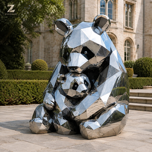 Statue de panda et d'ours en acier inoxydable finition miroir, sculpture géométrique mère et jeune pour la décoration de la cour de villa, de l'entrée d'hôtel - Product Image 1