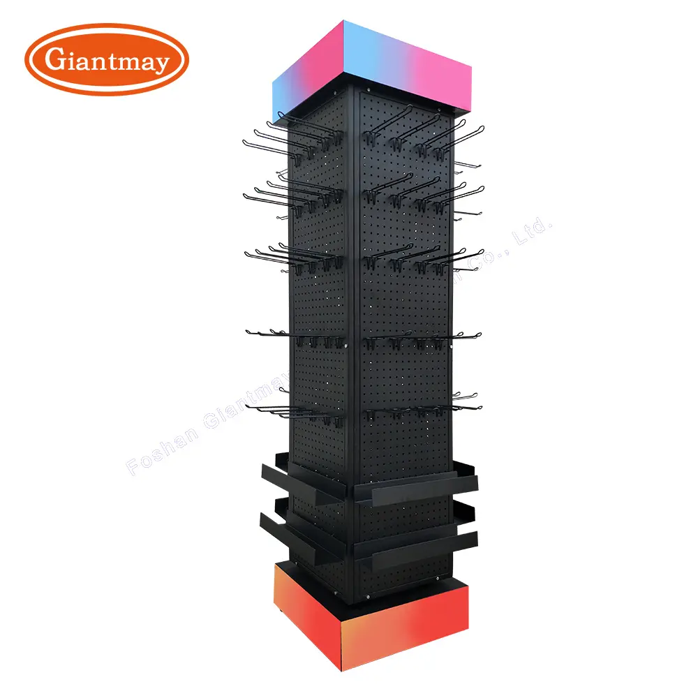 Wholesale 4 Side Rotating Display Stand Metal Pegboard Shelf Tools Accessories Retail Shop merchandise products Display Rack
