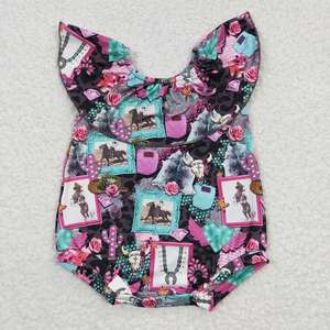 Conjunto de una pieza para bebé niña estilo vaquera occidental: pelele burbuja rosa con sombrero de vaquera y mangas con volantes con estampado de vaca - Product Image 5