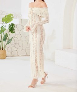 2025 primavera estate nuovo abito lungo temperamento di fascia alta alla moda <span class=keywords><strong>vestito</strong></span> elegante a <span class=keywords><strong>maniche</strong></span> <span class=keywords><strong>lunghe</strong></span> con <span class=keywords><strong>spalle</strong></span> <span class=keywords><strong>scoperte</strong></span> donna - Product Image 4
