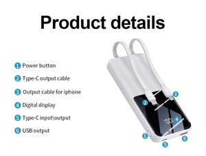 Power Bank per Viaggi d'Affari 10000mAh/20000mAh, PD22.5W, Prezzo Fornitore, Alta Qualità, Display Digitale, 2 <span class=keywords><strong>Cavi</strong></span> Integrati - Product Image 4
