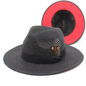 Шляпа с широкими полями и перьями для мужчин и женщин, Пляжная соломенная федора от солнца, с защитой от ультрафиолета UPF50 +