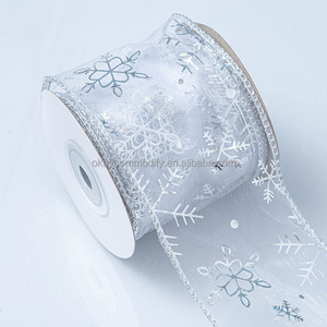 Nouvel Arrivage OKAY : Ruban <span class=keywords><strong>Organza</strong></span> Filé avec Flocons <span class=keywords><strong>de</strong></span> <span class=keywords><strong>Neige</strong></span> Dorés pour Couronnes, Nœuds et Décorations Cadeaux <span class=keywords><strong>de</strong></span> Noël - Product Image 4