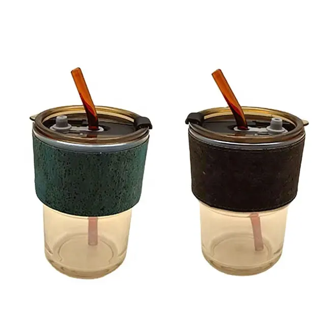Wholesale Amber Glass Tumbler Eco-friendly Cork Band Milk Tea Juice Mug 400ml 14oz Reusable Coffee Glass Cup with straw/Lid