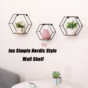 Étagères murales hexagonales flottantes noires, lot de 3 tailles différentes, étagère murale moderne en métal, simple, avec cloison en bois - Product Image 2