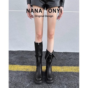 women knee high <b>boots</b> chunky platform sole round toe side zipper cross strap buckle design fashion casual <b>boots</b> for autumn - Product Image 3