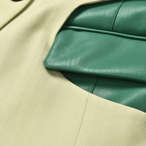 Chaqueta Casual Larga de Primavera para Mujer, Color Beige y Verde, con Parches de PU, Detalle de Cuero en Contraste y Corte en la Cintura - Product Image 5