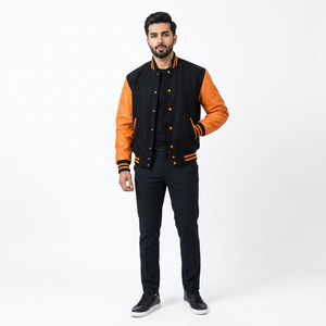 FINER THREADS Custom Men's Varsity Jacket Stand Collar Front Logo <b>Covered</b> <b>Button</b> Closure Embroidered Detail 100% Cotton - Product Image 1