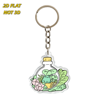 Porte-clés en acrylique avec grenouille mignonne dans une bouteille en verre, design terrarium kawaii avec fleurs et feuilles, pendentif transparent double face