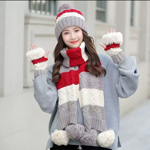Chapeau d'hiver pour femmes, écharpe, gant 3 en 1 avec <span class=keywords><strong>pompon</strong></span>, <span class=keywords><strong>doublé</strong></span> <span class=keywords><strong>polaire</strong></span>, tricoté chaud, bonnets, écharpes, ensemble de gants - Product Image 5