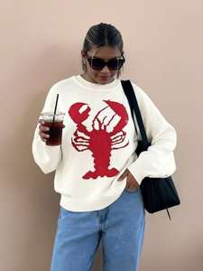 Maglione Bianco Jacquard con Motivo Aragosta di Tendenza per Vacanze al Mare e Feste a Tema Pesce, Pullover <span class=keywords><strong>Oversize</strong></span> Affidabile Lavorato a <span class=keywords><strong>Maglia</strong></span> - Product Image 2