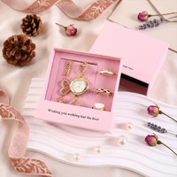 Set Perhiasan Jam Tangan Wanita Modis dengan Kotak, Jam Tangan Quartz Berlian untuk Wanita, Hadiah untuk Wanita
