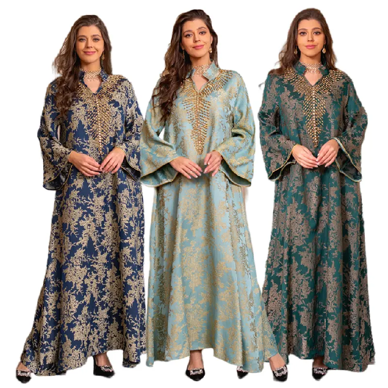 AB350 Trendy tasarım müslüman kadın elbise jakarlı işlemeli boncuklu Kaftan elbiseler kadın arap Dubai Robe müslüman abiye