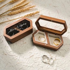 Boîte hexagonale en bois de noyer avec couvercle en verre, gravure personnalisée du nom et de la date, porte-bague de fiançailles ou de mariage, boîte à bijoux souvenir - Product Image 3