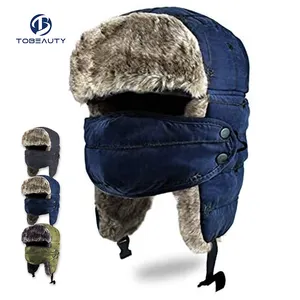 Chapeau à oreillettes de trappeur personnalisé en peau de lapin doublé de fourrure chapeau d'hiver de chasse multicolore hiver cyclisme hommes chapeau de trappeur tricoté russe