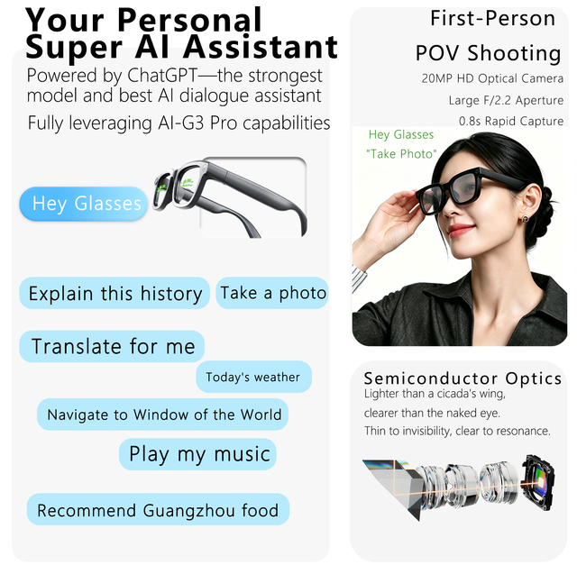 G3 PRO Music & Navigation Photo/Video Recording AI Q&A IP44 Splash Proof AR Binocular Smart Glasses