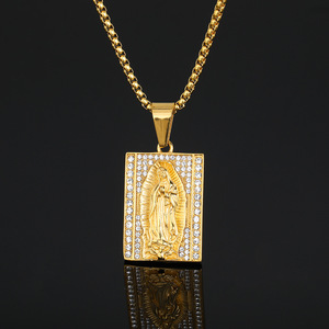 Collier avec pendentif personnalisé en acier inoxydable plaqué or 18 carats et zircon cubique, Vierge Marie, pour hommes et femmes - Product Image 1