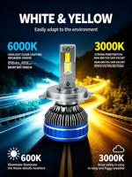Feux de voiture LED pour conduite sécurisée par temps pluvieux, brumeux et neigeux H4/H7/9005 3000K Jaune & 6000K Blanc