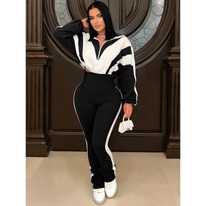 Women Fashion Casual High Waist Trousers Cardigan Color Block Stitching Sports Suit Autumn Set S391403 - Product Image 2