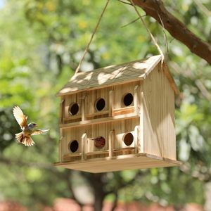Nichoir rectangulaire en bois massif à 2 étages pour petits oiseaux, à suspendre en extérieur, boîte de nidification multifonctionnelle - Product Image 3