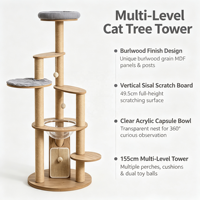 Arbre à chat BurlTower 155 cm, finition bois de bruyère, moderne, vertical, griffoir en sisal, bol en acrylique transparent, perchoirs rembourrés, double carton