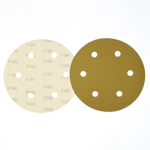 Disco de Lijado Redondo de 9 Pulgadas y 6 Agujeros, P180, Respaldo Aterciopelado Amarillo, Adhesivo, Lijado en Seco para Pulir y Desbastar Metal - Product Image 1