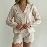 QINSI Pakaian Tidur Wanita Katun Nyaman Motif Polkadot Set Piyama Lengan Panjang Kancing Depan Celana Pendek Dengan Saku Baju Santai Baju Tidur