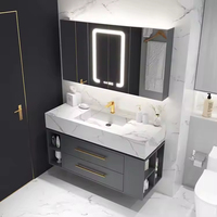 Kabinet Kamar Mandi Modern Melamin 2024, 2 Laci, Lebar 40 Inci, 1 Wastafel Porselen, Cermin LED Touch Illuminated, Terpasang di Dinding