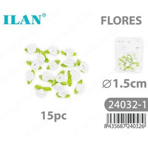 Fiori di Stoffa Ilan Flores 1,5cm Bianchi con Foglie Verdi 15 Pezzi per Decorazioni e Artigianato - Product Image 1