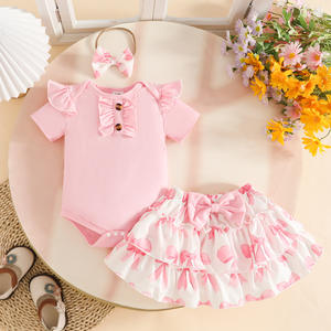 Set Estivo 2026 per Bambina 0-1 Anno, 3 Pezzi: Cappottino a Triangolo in Cotone a Maniche Corte + Gonna Stampata a Doppio Strato + Fascia per Capelli - Product Image 4