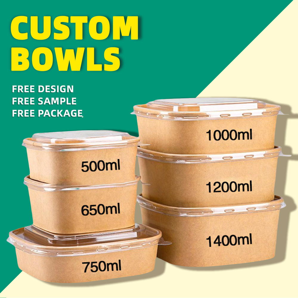 Factory Supply Eco-friendly Kraft Paper Food Grade Disposable Cardboard Sushi Salad Hot Soup Delivery Paper Plates Bowls