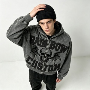 <span class=keywords><strong>Felpa</strong></span> <span class=keywords><strong>con</strong></span> Zip Vintage Effetto Acid Wash, Stampa Digitale <span class=keywords><strong>Teschio</strong></span> e Applicazione per Streetwear Gotico Personalizzato - Product Image 6
