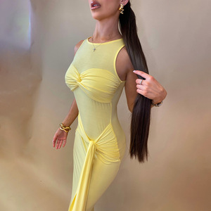 เดรสแฟชั่นเซ็กซี่สไตล์ยุโรปและอเมริกา คอลเลคชั่นฤดูใบไม้ผลิ-ฤดูร้อน ปี 2025 คอทรงโอ แขนกุด ผูกเชือก จับจีบ ทรงเข้ารูป ยาว สำหรับงานกลางคืน - Product Image 4