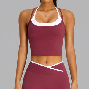 Soutien-gorge de sport Syf Yoga pour femme, en Spandex et Polyester respirant, avec bretelles contrastantes, col rond, coussinets amovibles et design dos croisé - Product Image 1