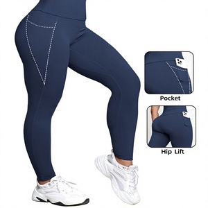 High Waist Seamless Full Length Yoga <b>Leggings</b> Solid Navy Blue <b>Pocket</b> Hip Lift Design Four-Way Stretch Breathable 220g Nylon - Product Image 1
