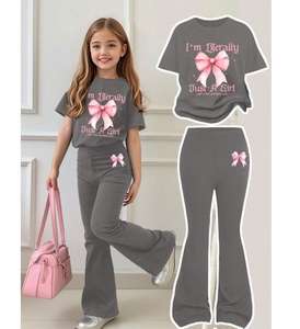 Completo Elegante Personalizzato <span class=keywords><strong>per</strong></span> <span class=keywords><strong>Bambina</strong></span>: T-Shirt Casual con Fiocco e <span class=keywords><strong>Pantaloni</strong></span> a Zampa, Abbigliamento Scolastico Estivo 4-7 Anni - Product Image 3