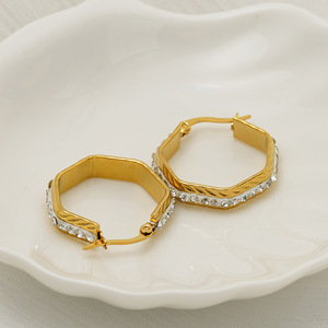 ZOGXIN Geometric Hoop Earrings Gold Rhinestone Inlay Stainless Steel For Women Fashion Jewelry - Product Image 2