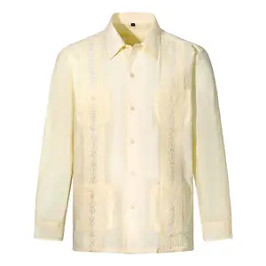 Camisa de manga curta para homens, camisa de manga curta estilo guayabera plus size 100% de linho com quatro bolsos personalizada