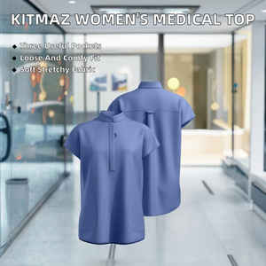 Kitmaz Women's Medical Mandarin Collar Woven <b>Scrub</b> <b>Tops</b>-Soft Stretch Oversized Fit with 3 Pockets - Product Image 2