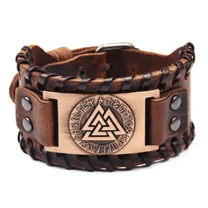 Black Brown Slavic Norway Amulet Leather Bracelets Engraved Scandinavian Triangle Viking Bracelets Runes Men Wide Wrap Bracelet