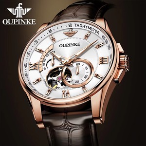 Montres automatiques de luxe pour hommes OUPINKE 3222, bracelet en cuir véritable original, montre-bracelet mécanique à cadran ajouré, mode décontractée pour homme - Product Image 4