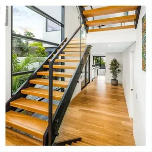 Open Riser U Shape Mono Stringer Steel Wood Structure Straight Staircase with Glass Railing