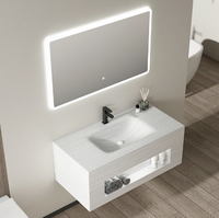 Meuble de salle de bain mural de luxe en pierre artificielle, motif marbre, avec vasque intégrée, miroir LED à capteur et rangement