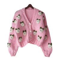 Vente en gros en usine Cardigan rétro rose pour femme, rose, personnalisé, tricoté à motif floral, tissé à la main, au crochet pour femmes