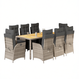 Grey <b>Rattan</b> Garden <b>Dining</b> Set 8 Seater Outdoor Furniture Weather Resistant Contemporary Design Solid Wood <b>Table</b> - Product Image 1