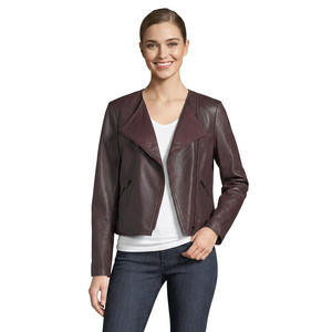 Chaqueta de Cuero Genuino para Mujer, Color Borgoña, Frente Abierto, Cuello Chal, Corte Recortado, Chaqueta de Cuero Elegante y a la Moda - Product Image 1